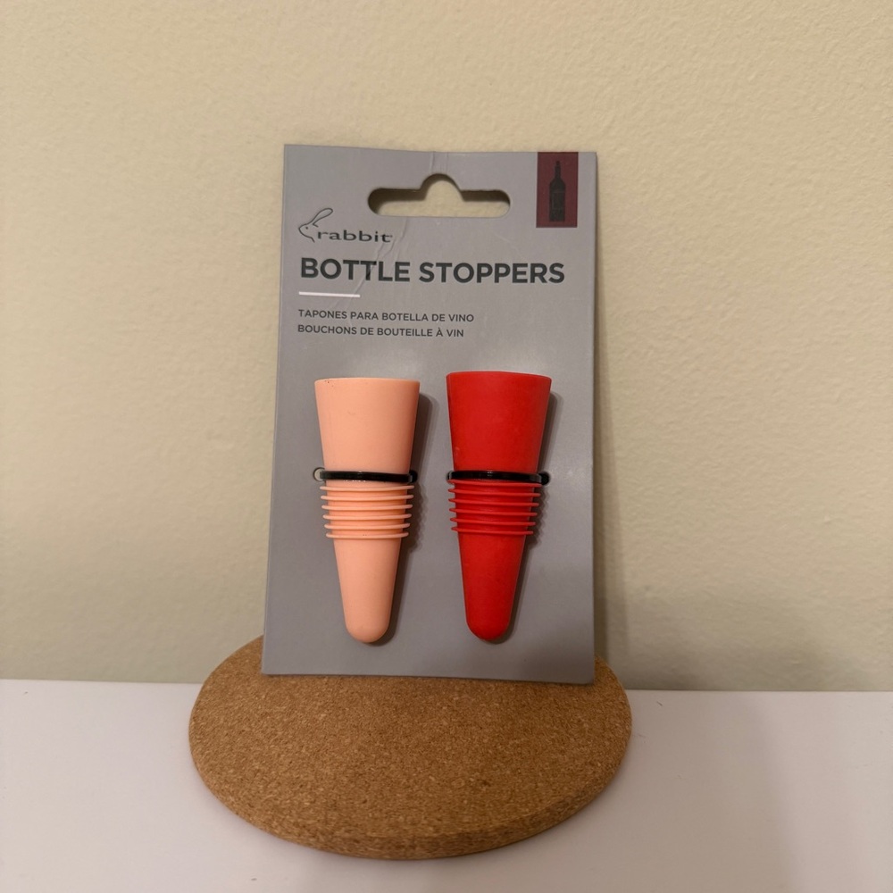 NWT - Rabbit Wine & Beverage Bottle Stoppers with Grip top, Red Pink (Set of 2)